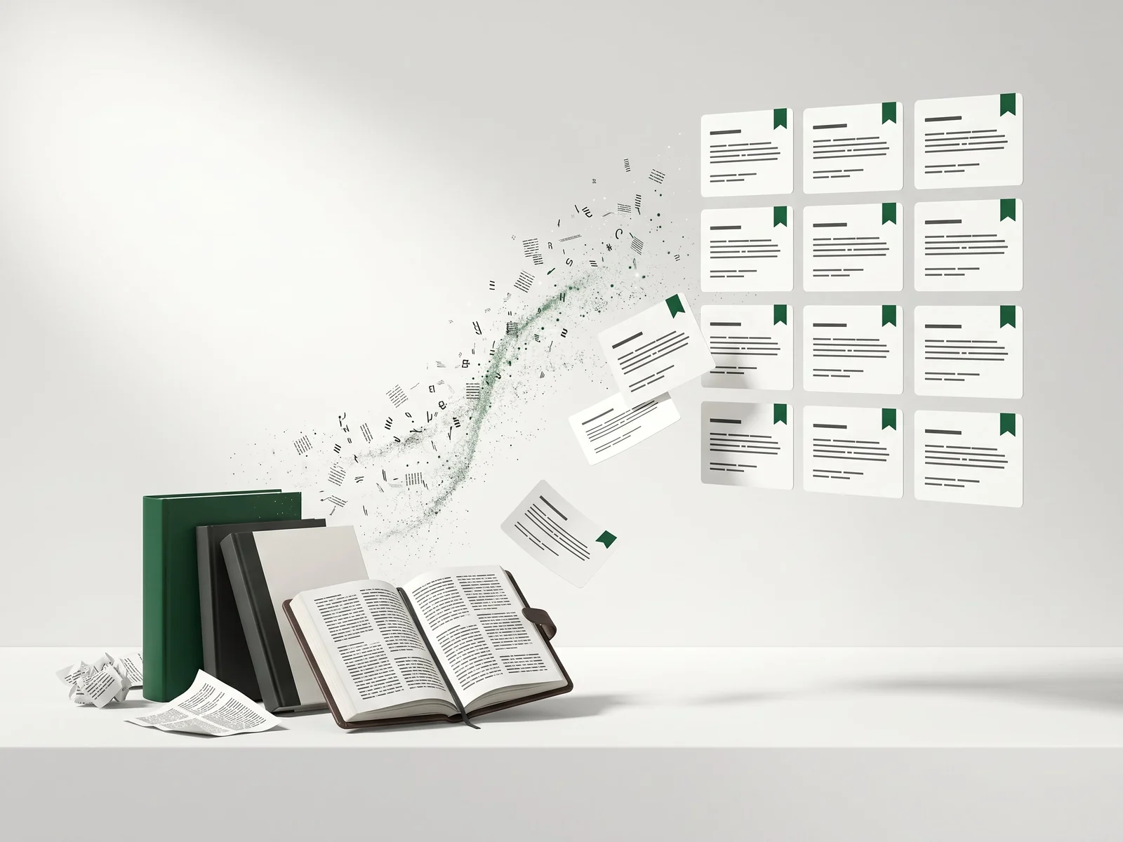 Citation[Z]: dense academic books and an open journal dissolving into a tidy organized grid of clean citation cards with green bookmark tabs