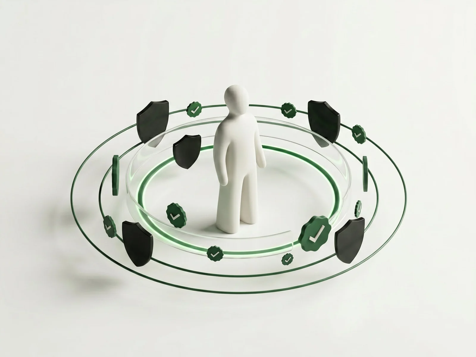 iDigital ID: an abstract figure at the center surrounded by orbiting shields, green verification badges and protective rings