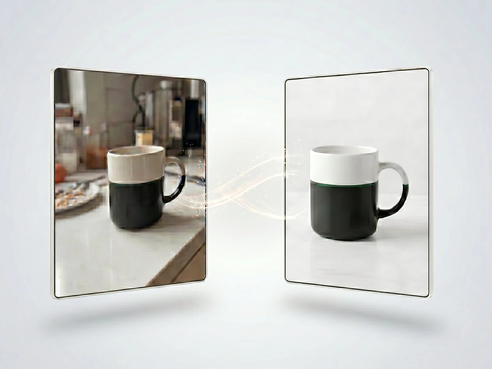 RenderLift: an ordinary phone photo of a mug on a cluttered counter transforming into a clean professional studio product shot