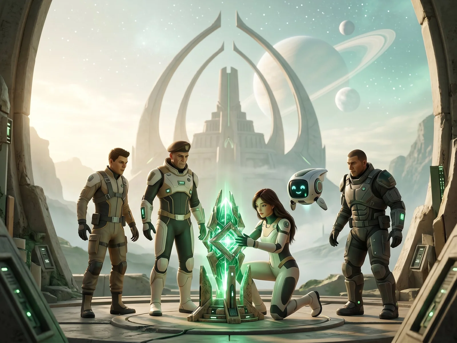 Sunz of Liberty: futuristic explorers discovering a glowing green artifact in a hopeful, luminous science-fiction landscape with distant planets